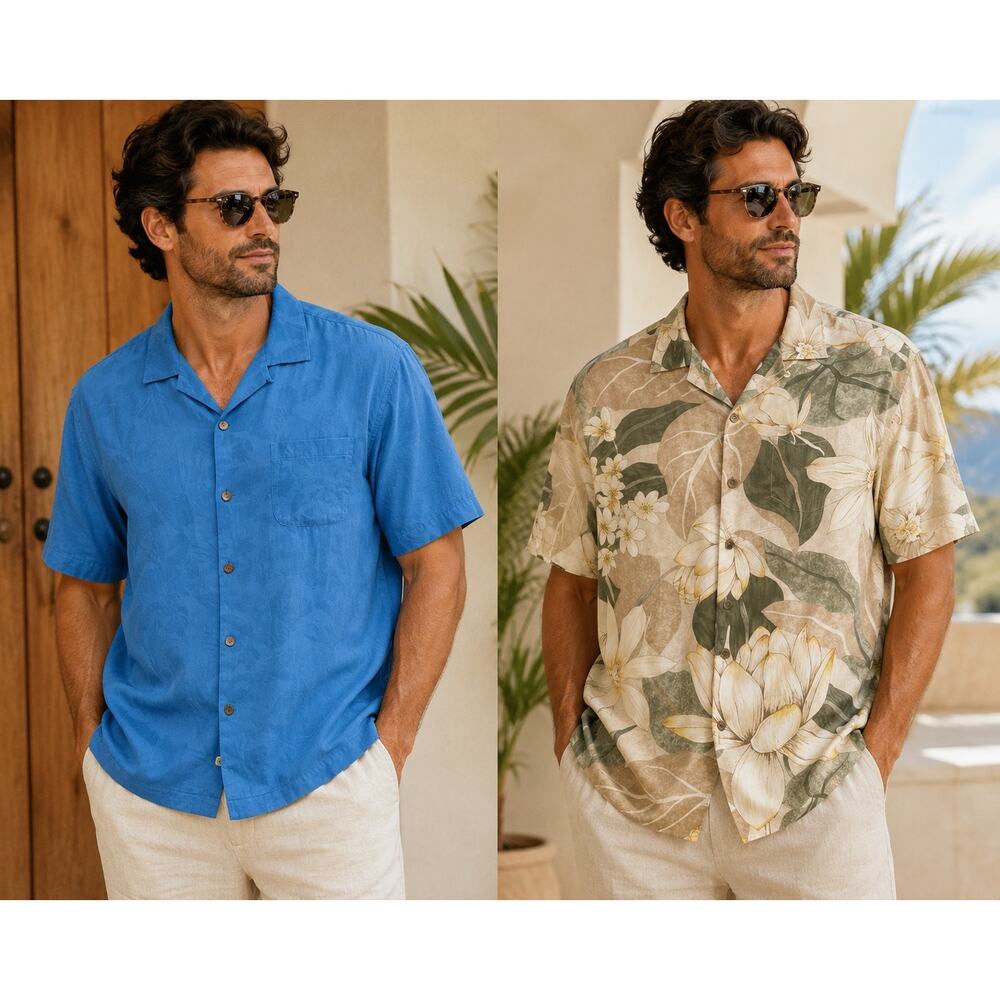 Tommy Bahama 100% Silk Camp Shirt Bundle Large Blue Tropical Resort Hawaiian